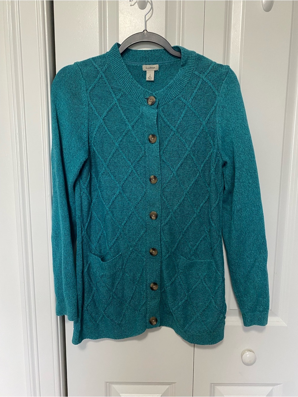 L.L. Bean Teal Diamond Cable-Knit Button Cardigan